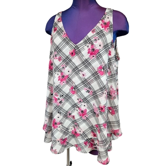 Lane Bryant Black White Plaid‎ Pink Floral Print Layered Chiffon Top Size 16 - Picture 1 of 8
